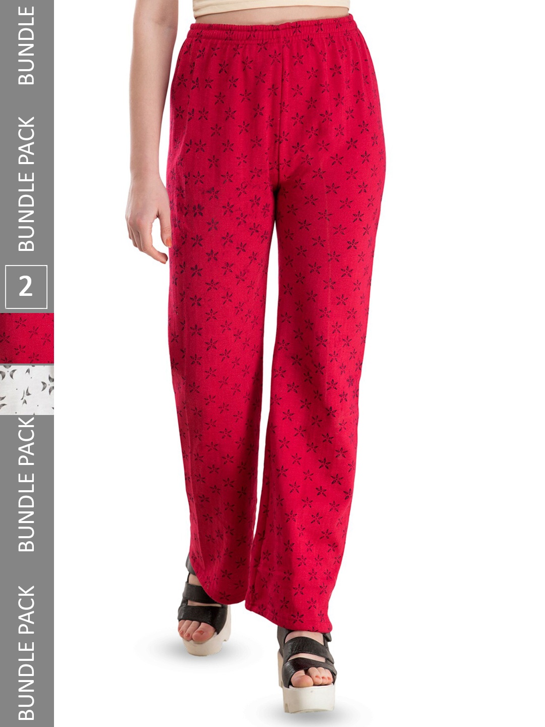 

IndiWeaves Women Pack Of 2 Floral Printed Straight Acrylic Palazzos, Red