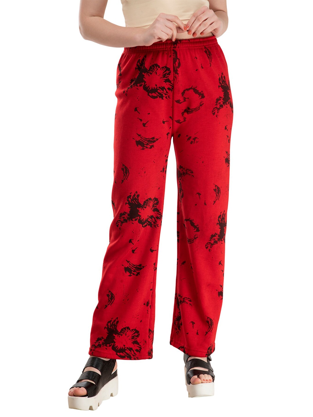 

IndiWeaves Women Floral Printed Straight Fit Knitted Woolen Warm Palazzos, Red