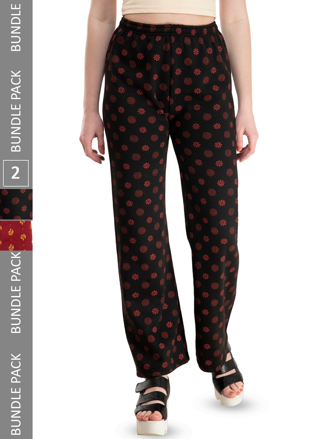 

IndiWeaves Women Pack Of 2 Floral Printed Knitted Palazzos, Red