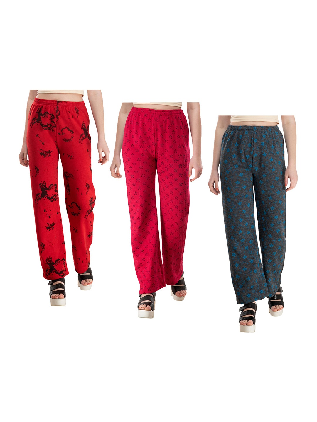 

IndiWeaves Pack of 3 Printed Knitted Straight Palazzos, Red