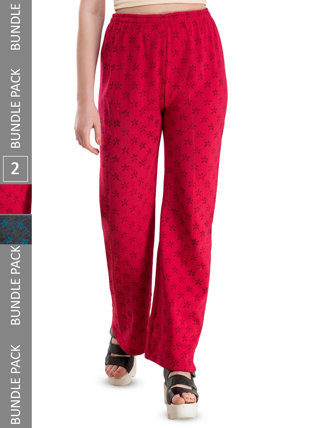 

IndiWeaves Pack of 2 Floral Printed Knitted Straight Palazzos, Pink