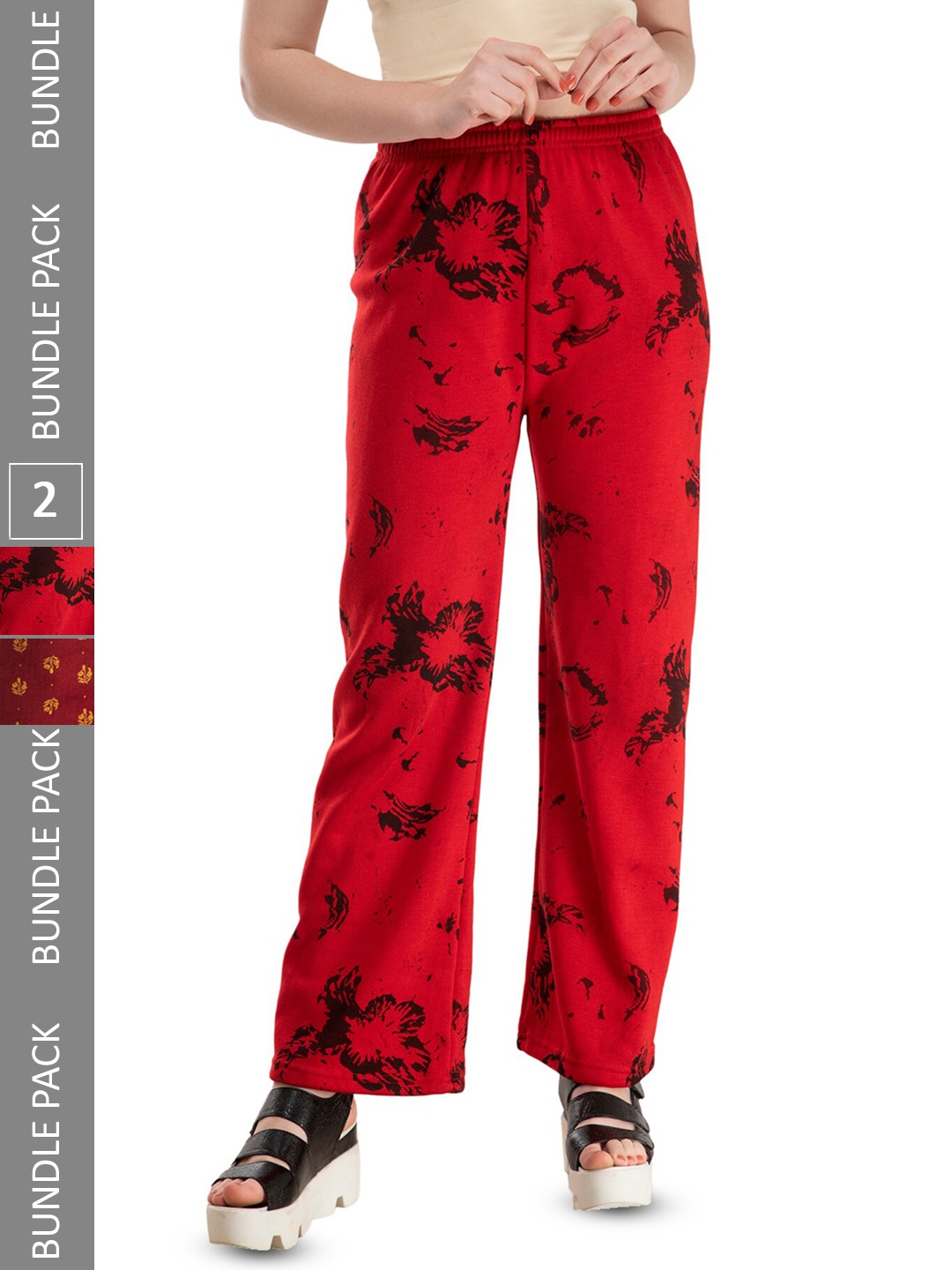 

IndiWeaves Women Pack Of 2 Abstract Printed Knitted Palazzos, Red