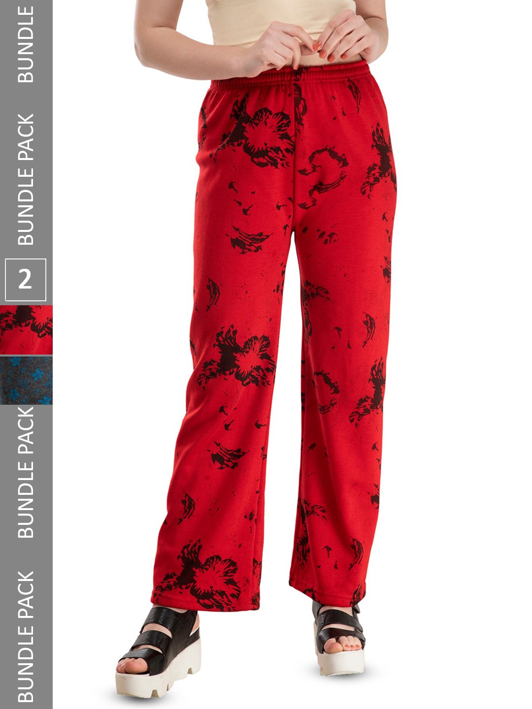 

IndiWeaves Women Pack Of 2 Floral Printed Straight Acrylic Palazzos, Red