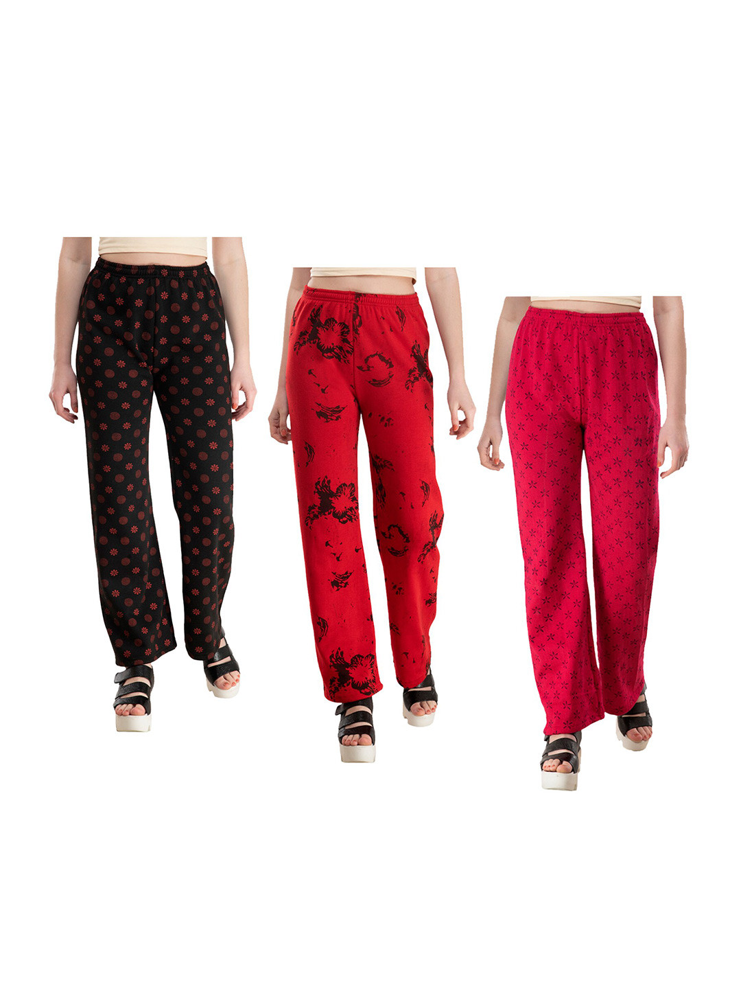 

IndiWeaves Women Pack Of 3 Floral Printed Straight Acrylic Palazzos, Red