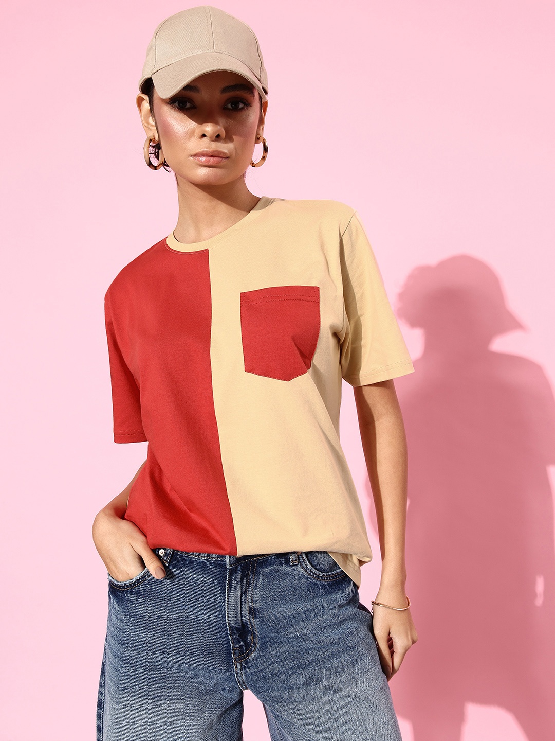 

DILLINGER Women Colourblocked Pure Cotton Pockets T-shirt, Red