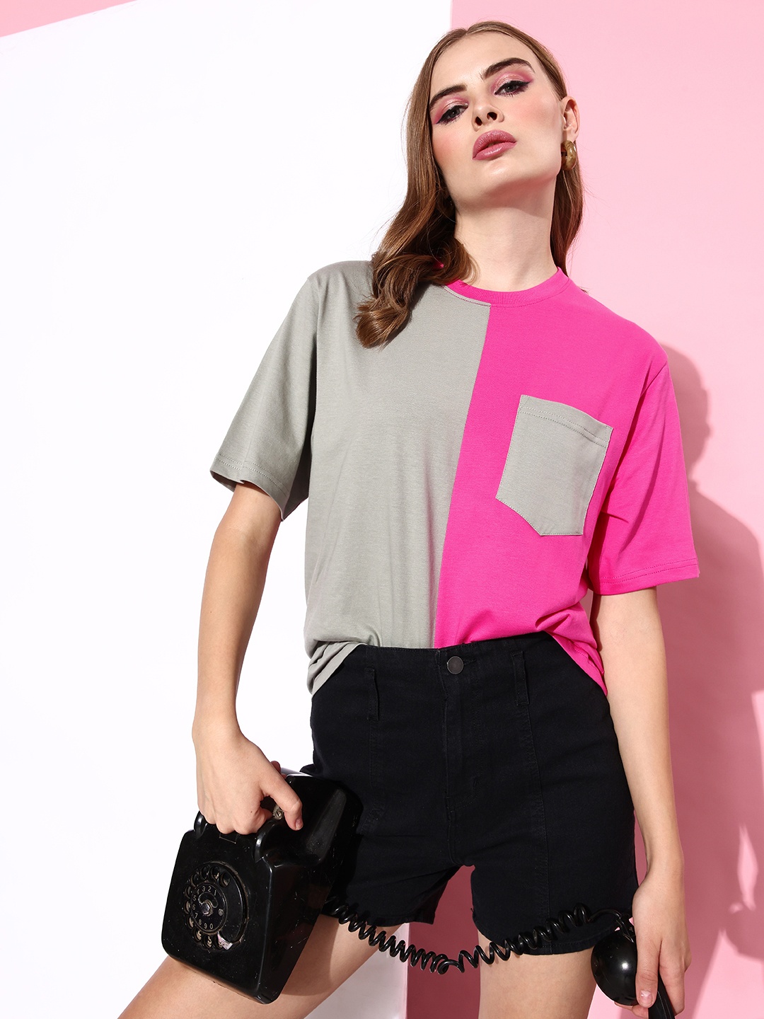 

DILLINGER Women Colourblocked Pure Cotton Pockets T-shirt, Grey