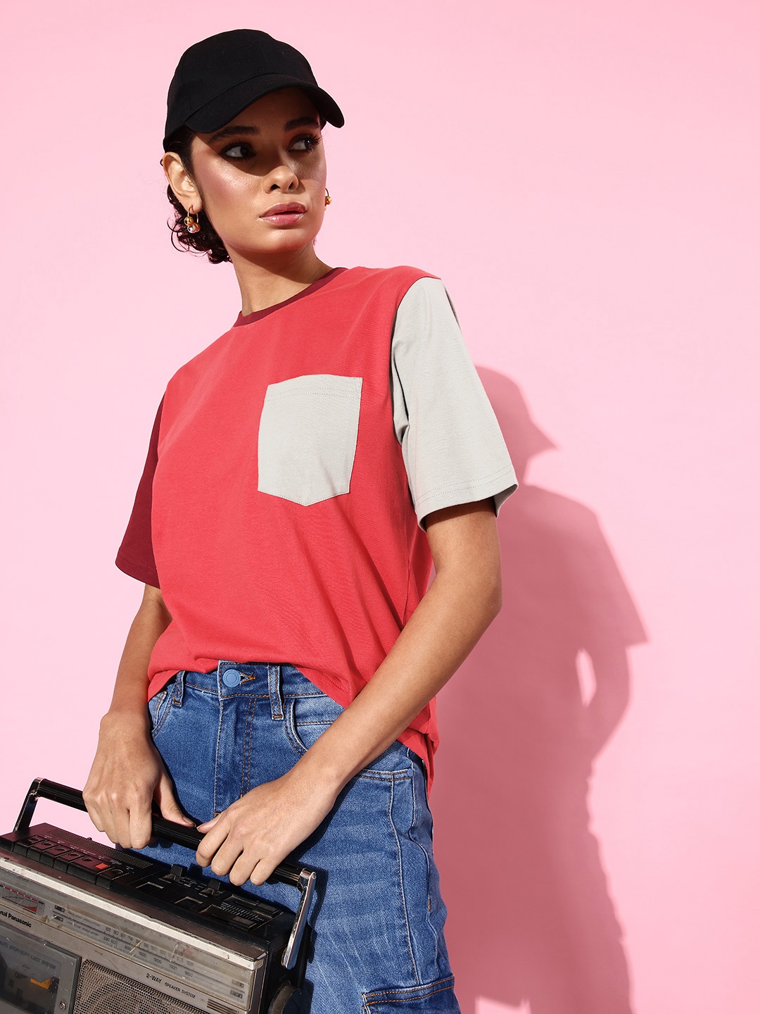 

DILLINGER Women Colourblocked Pure Cotton Pockets T-shirt, Red