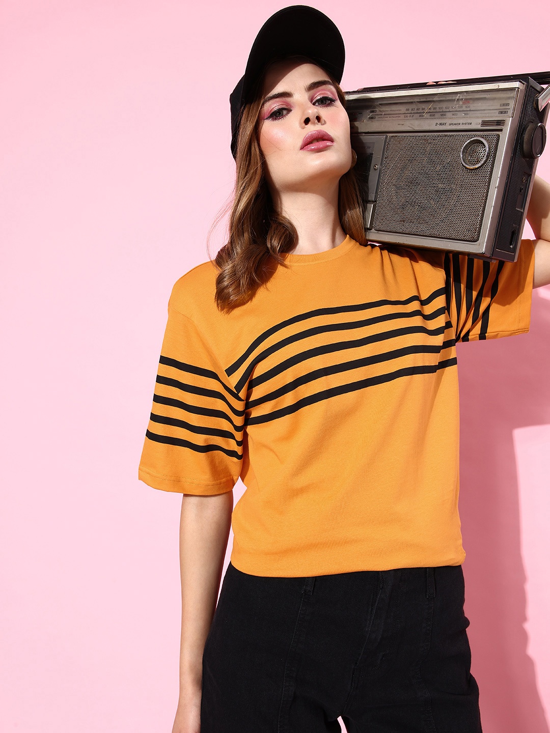 

DILLINGER Women Striped Pure Cotton T-shirt, Mustard