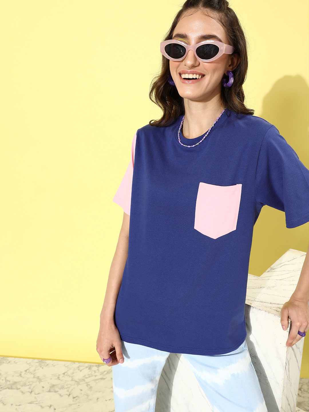 

DILLINGER Women Solid Oversized T-shirt, Navy blue