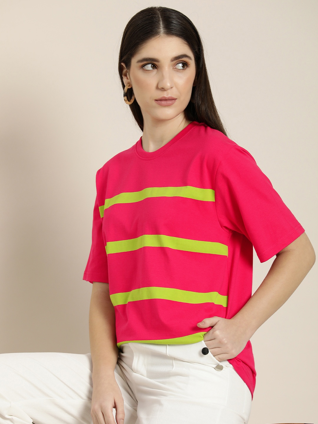 

DILLINGER Women Striped Oversized T-shirt, Pink