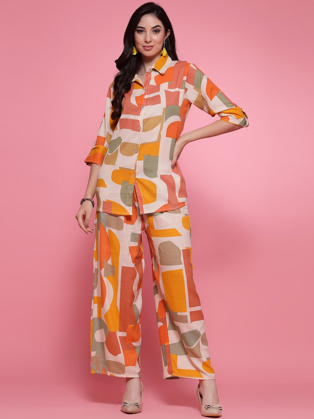 

Clora Creation Geometric Printed Shirt With Palazzo, Cream