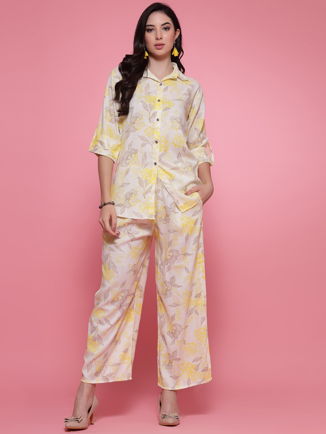 

Clora Creation Printed Cotton Shirt With Palazzos, Yellow