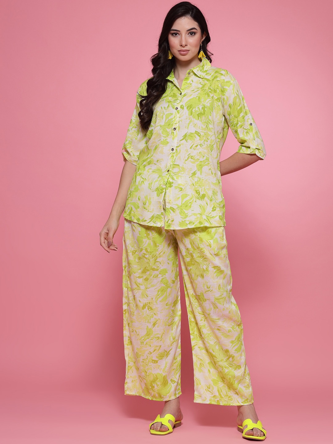 

Clora Creation Printed Cotton Shirt With Palazzos, Green