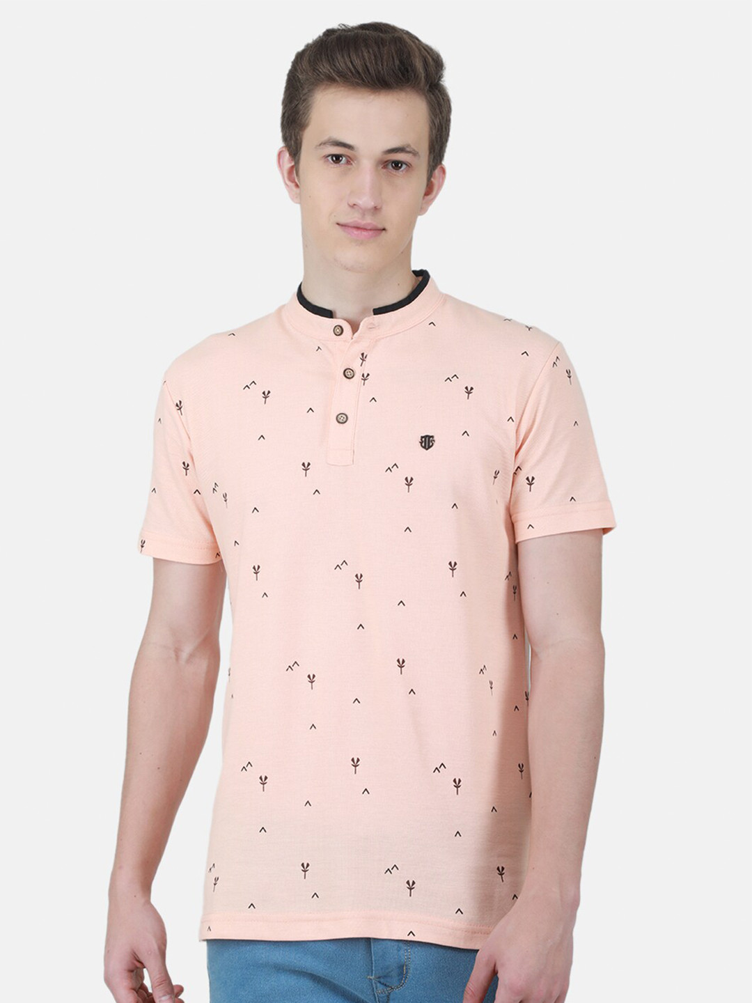 

Duke Conversational Printed Mandarin Collar Slim Fit Cotton T-shirt, Peach