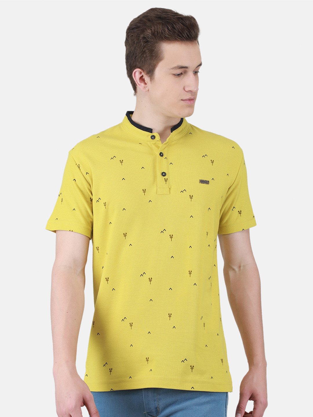 

Duke Conversational Printed Mandarin Collar Slim Fit Cotton T-shirt, Yellow