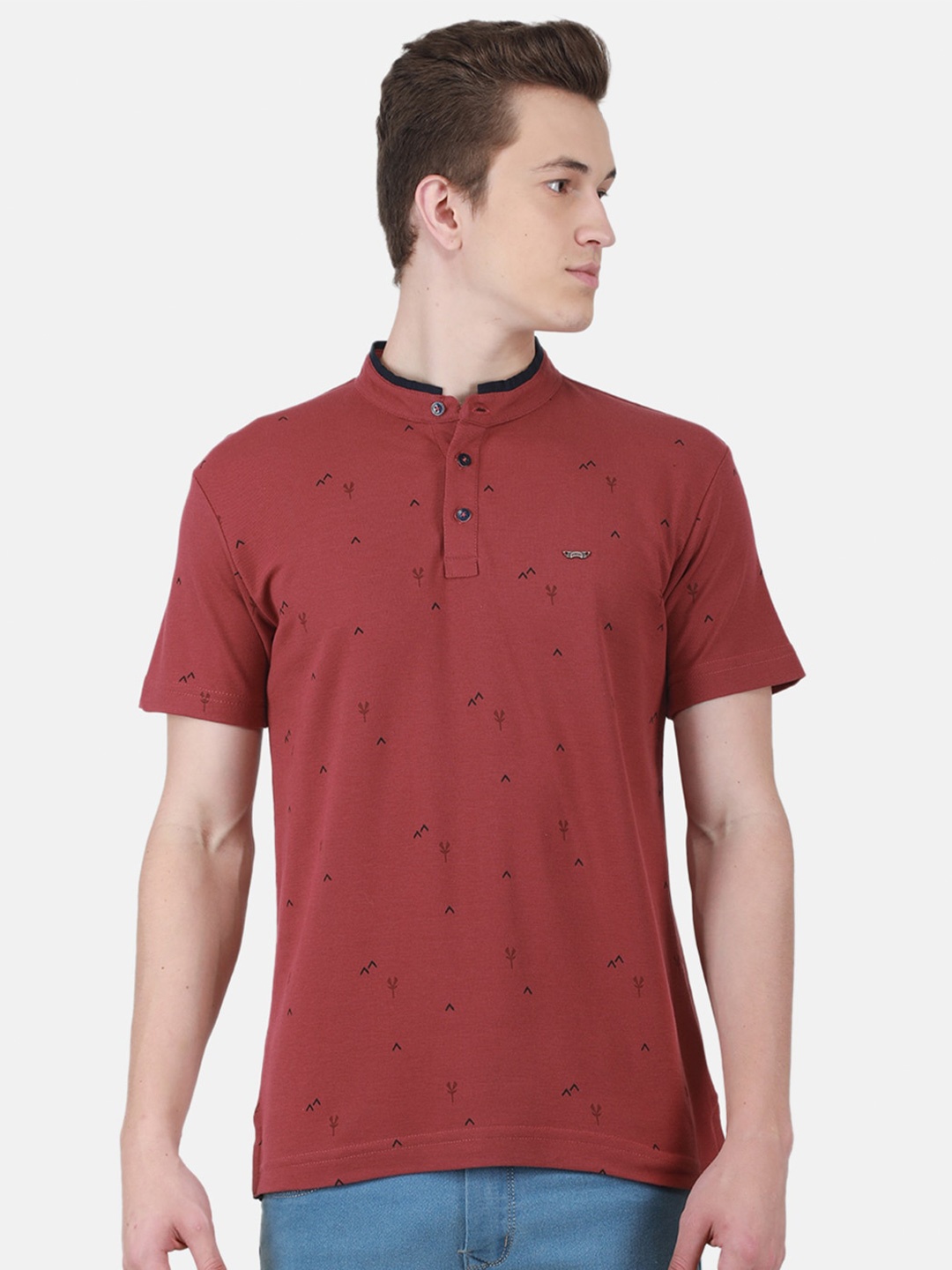 

Duke Conversational Printed Mandarin Collar Slim Fit Cotton T-shirt, Maroon