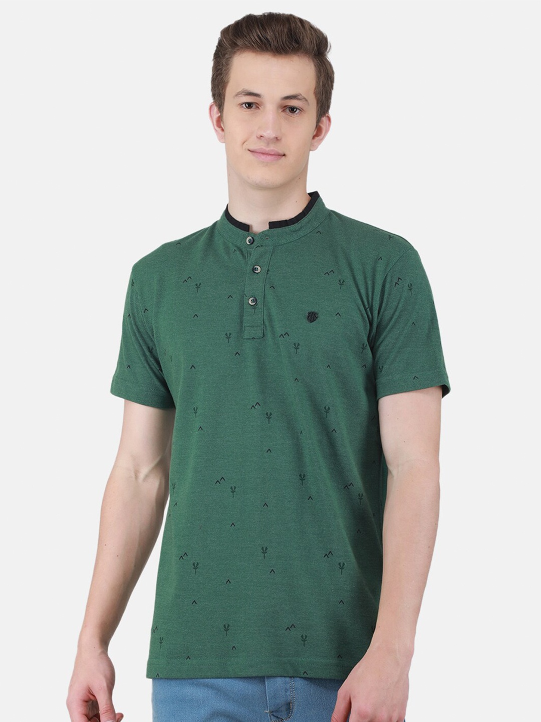 

Duke Conversational Printed Mandarin Collar Slim Fit Cotton T-shirt, Green