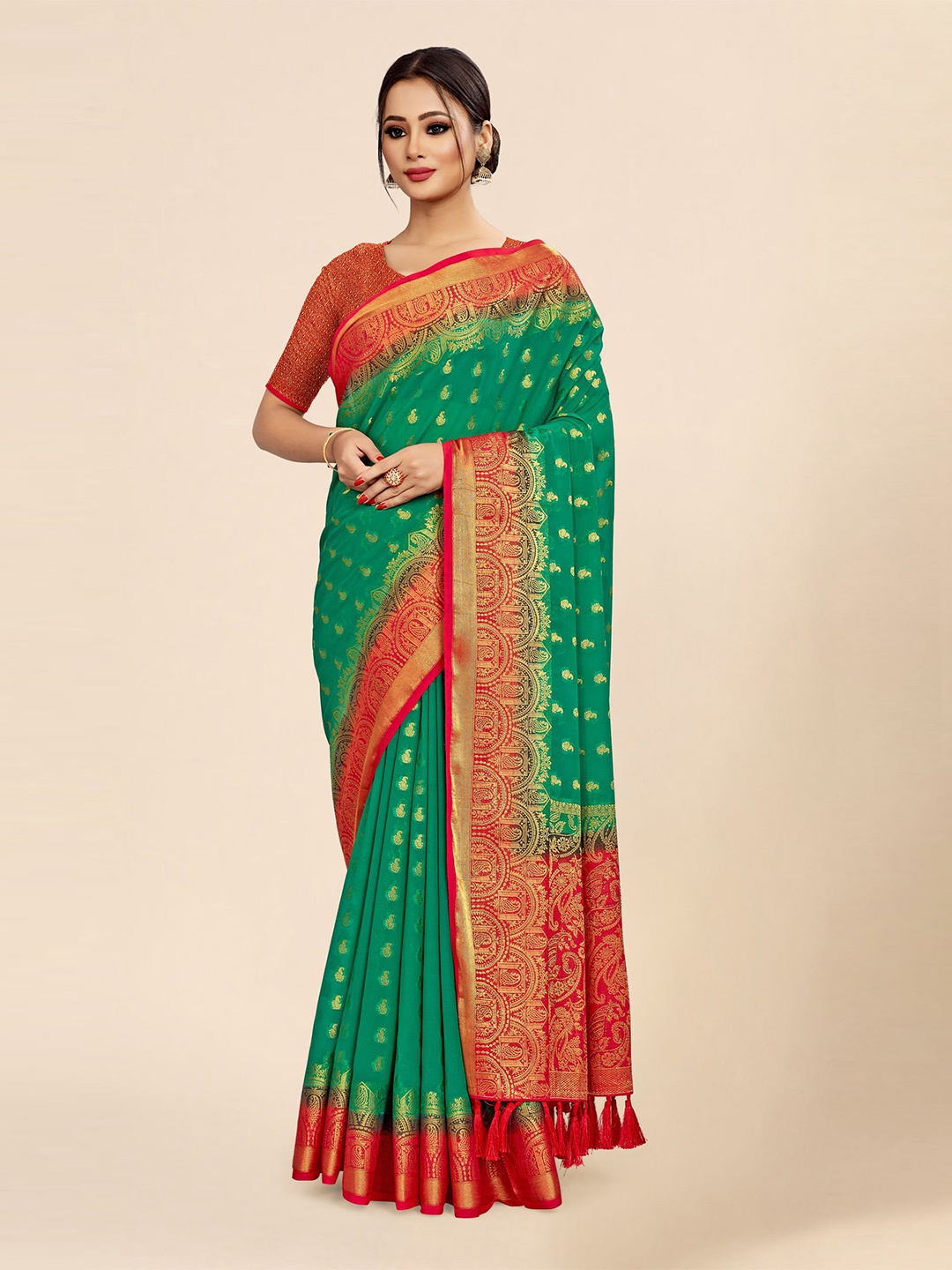 

FLOURIOUS Ethnic Motifs Woven Design Zari Pure Georgette Banarasi Saree, Sea green