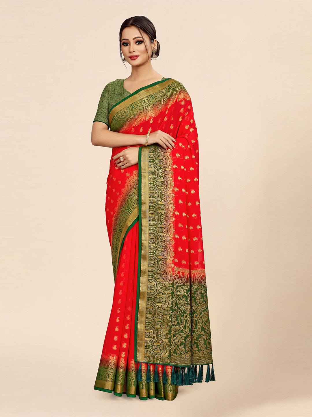 

FLOURIOUS Ethnic Motifs Woven Design Zari Banarasi Saree, Red