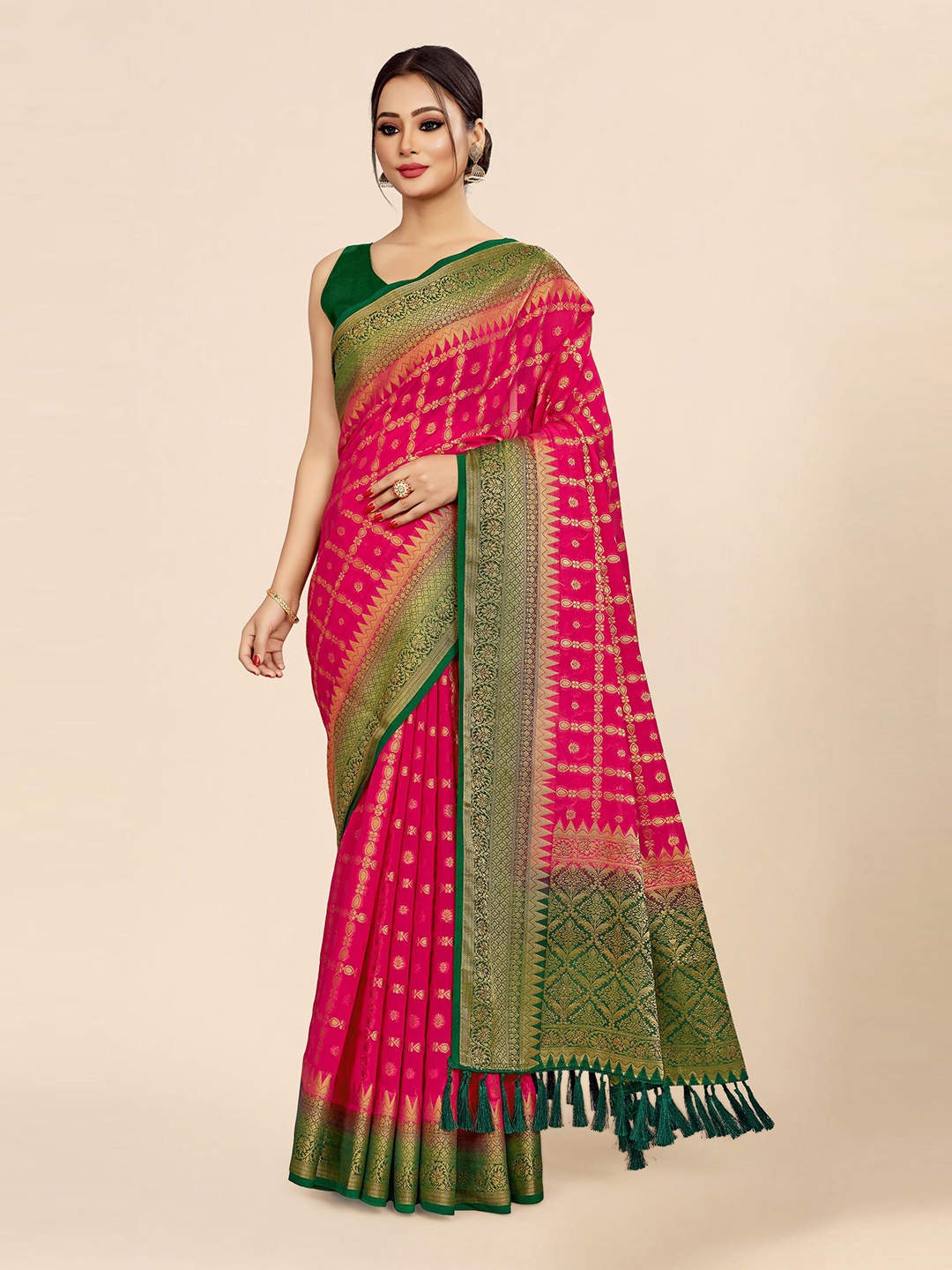 

FLOURIOUS Ethnic Motifs Woven Design Zari Pure Georgette Bandhani Saree, Pink