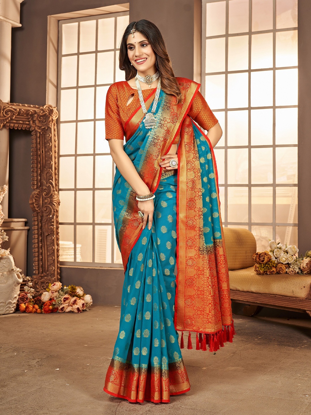 

FLOURIOUS Ethnic Motifs Woven Design Zari Pure Georgette Banarasi Saree, Turquoise blue