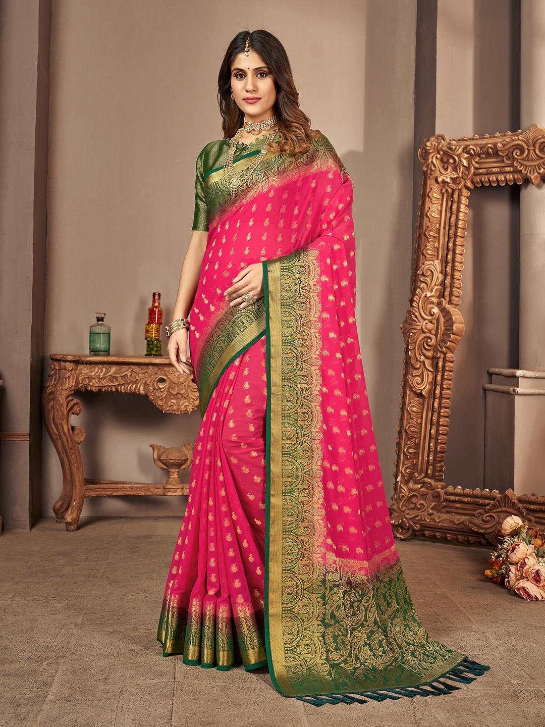 

FLOURIOUS Ethnic Motifs Woven Design Zari Pure Georgette Saree, Pink