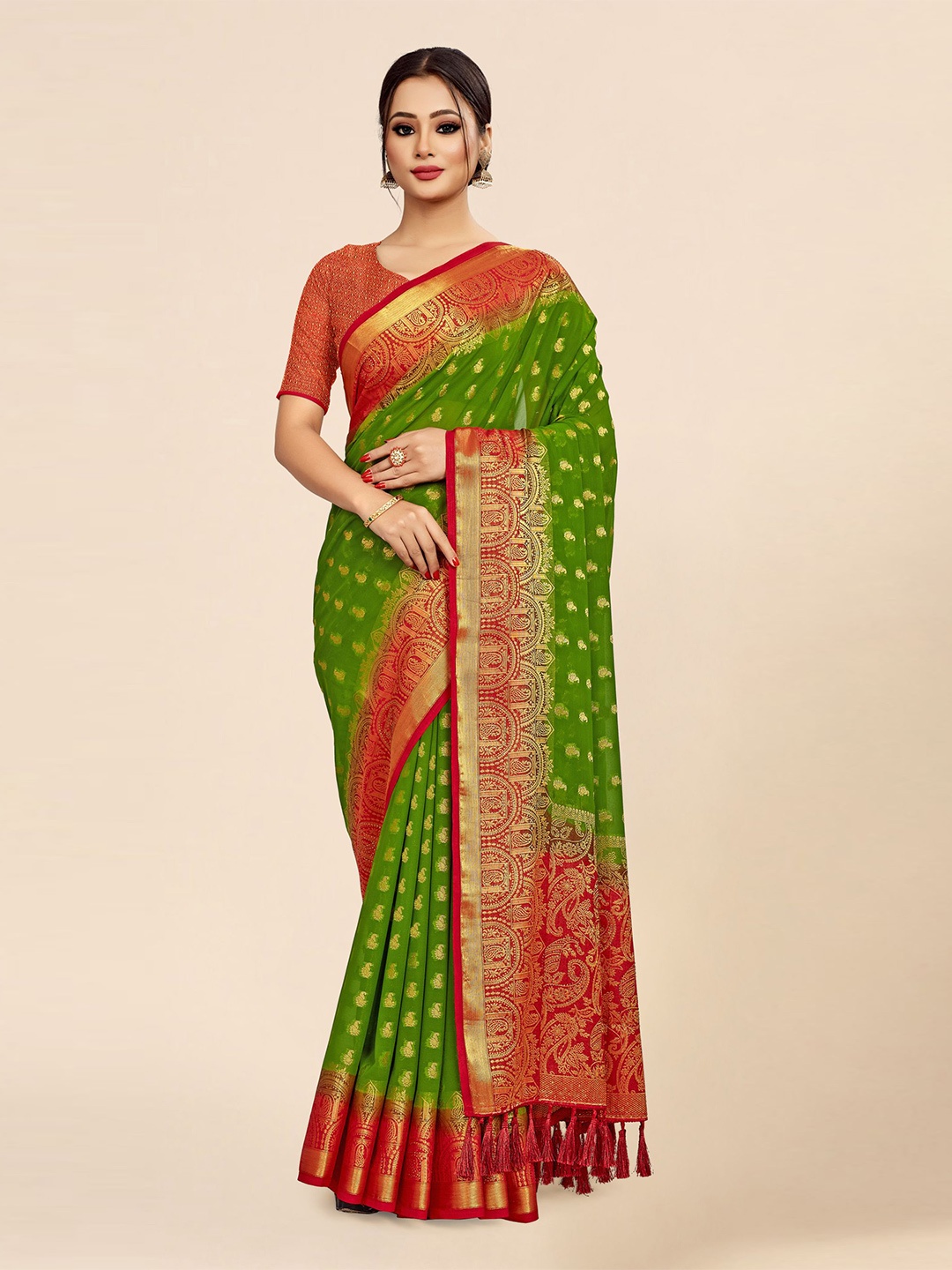 

FLOURIOUS Ethnic Motifs Woven Design Zari Pure Georgette Saree, Green