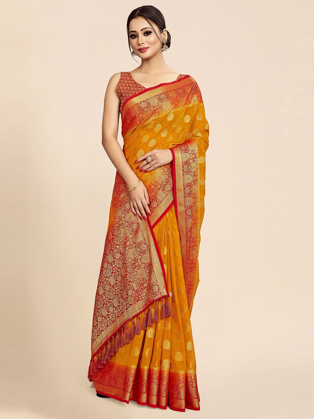 

FLOURIOUS Ethnic Motifs Woven Design Zari Pure Georgette Saree, Mustard