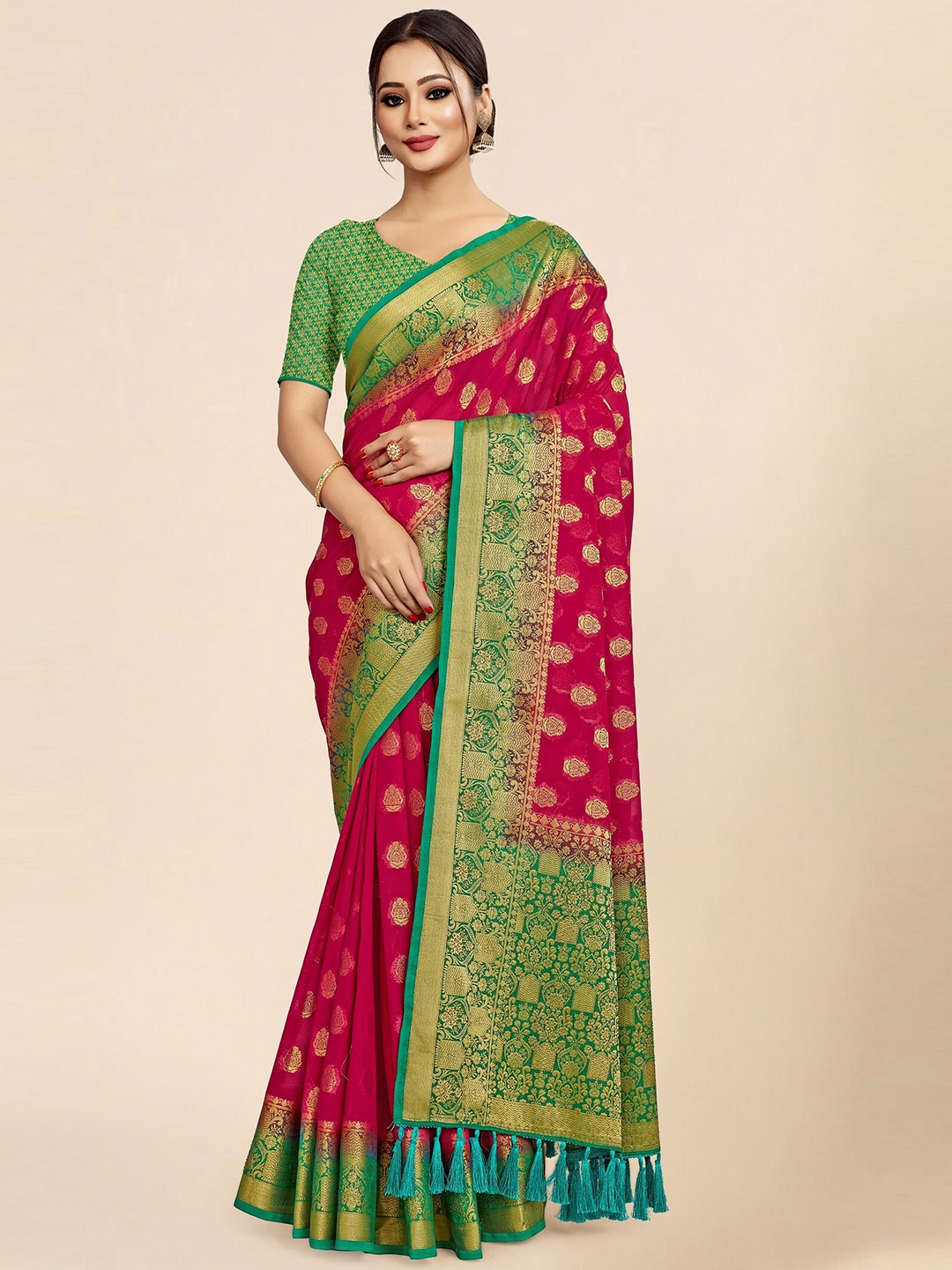 

FLOURIOUS Burgundy & Green Woven Design Zari Pure Georgette Banarasi Saree, Red