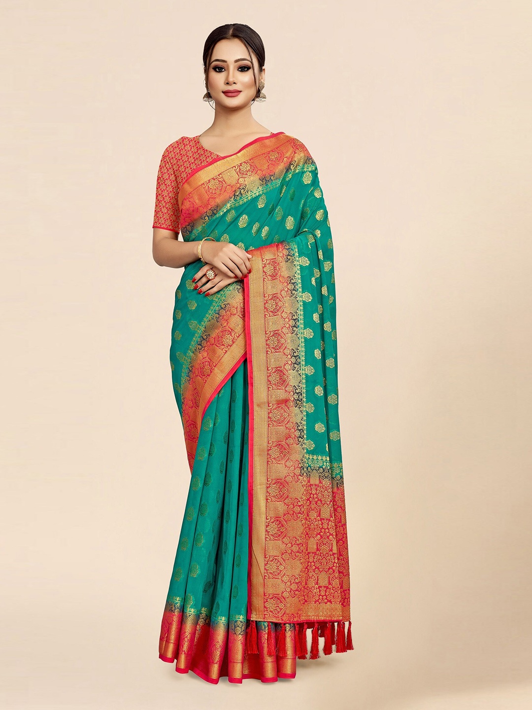 

FLOURIOUS Ethnic Motifs Woven Design Zari Pure Georgette Saree, Sea green