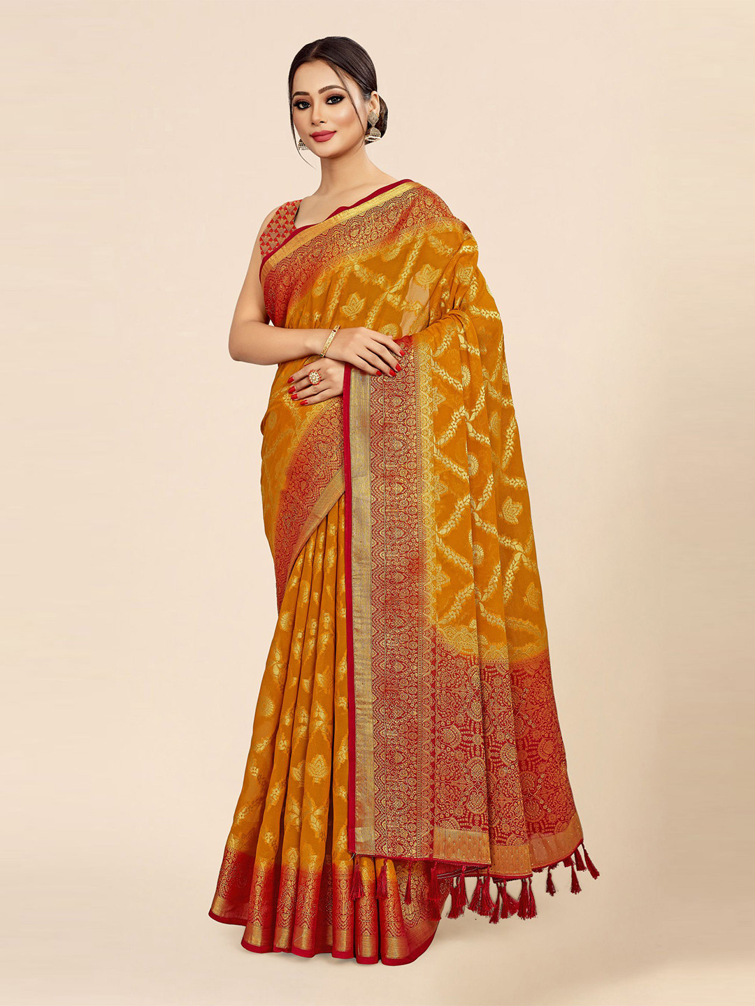 

FLOURIOUS Floral Woven Design Zari Pure Georgette Patola Saree, Mustard