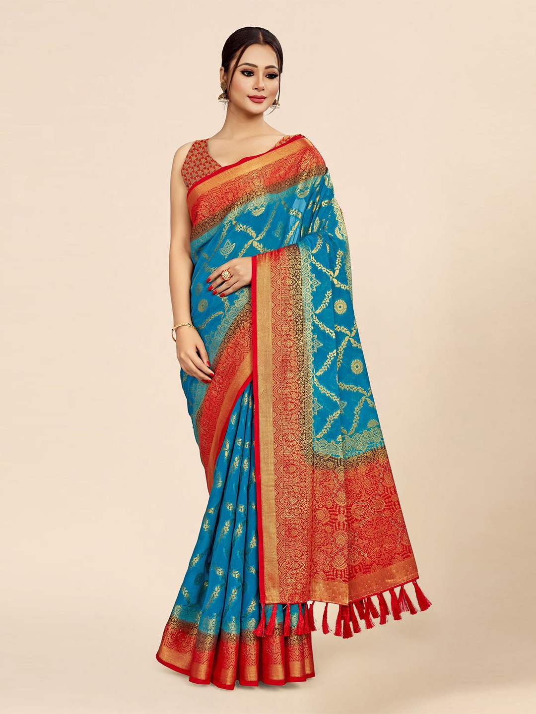 

FLOURIOUS Floral Woven Design Zari Pure Georgette Patola Saree, Turquoise blue
