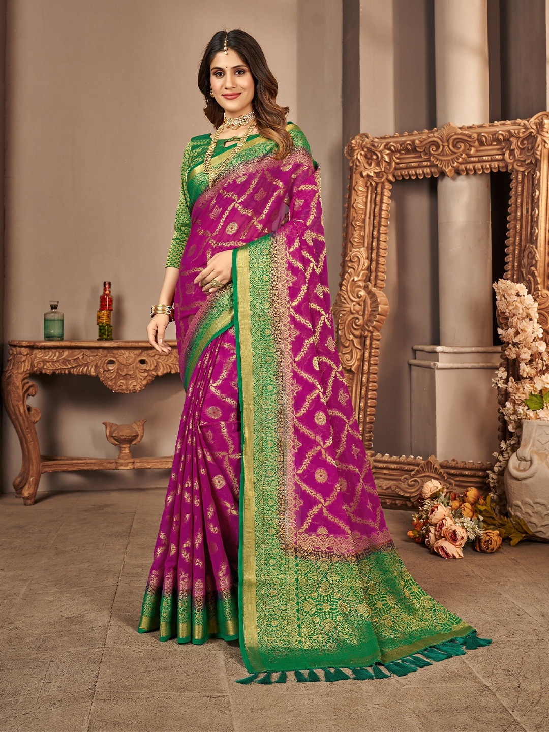 

FLOURIOUS Floral Woven Design Zari Pure Georgette Patola Saree, Burgundy