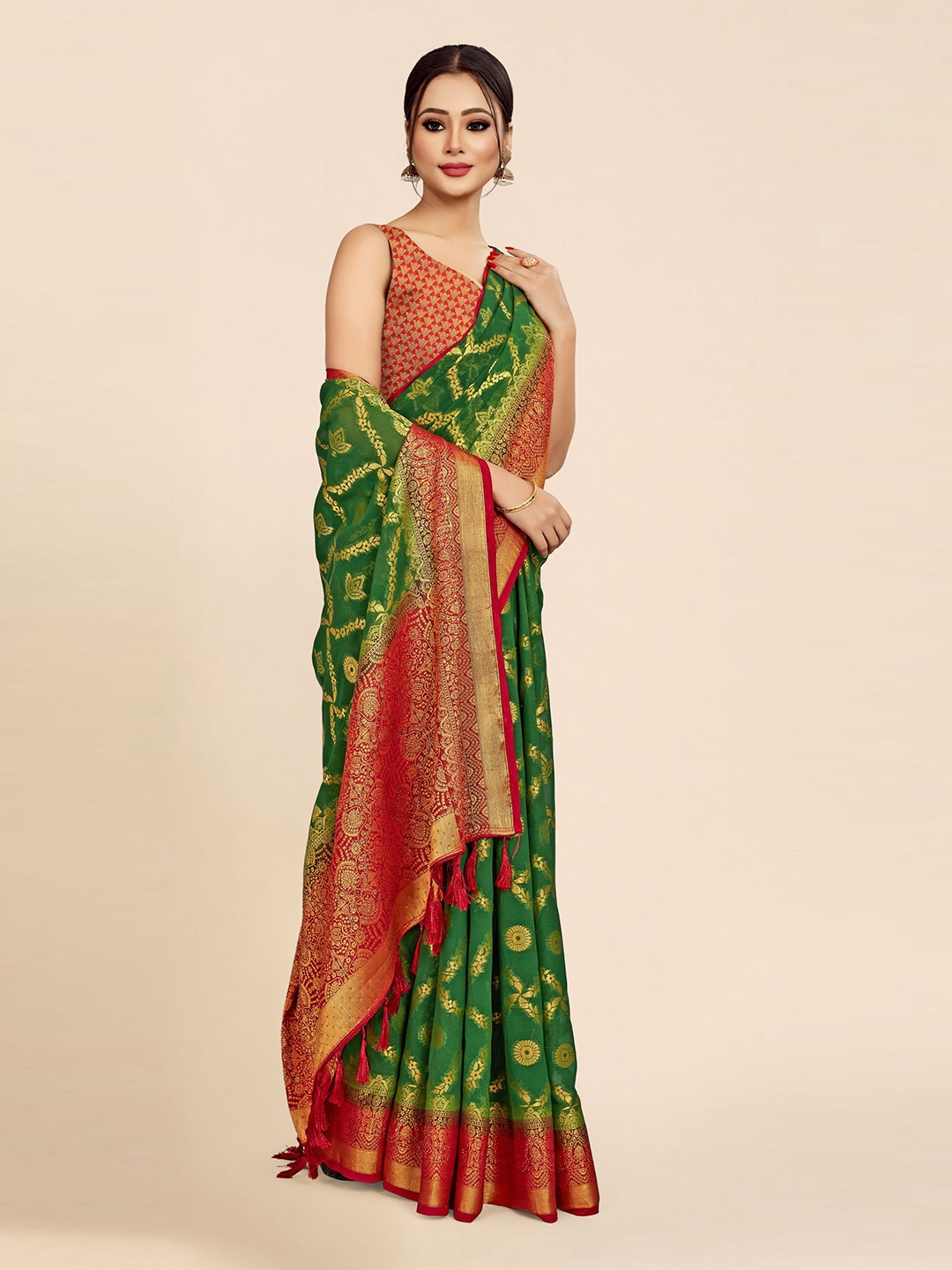 

FLOURIOUS Floral Woven Design Zari Pure Georgette Patola Saree, Green