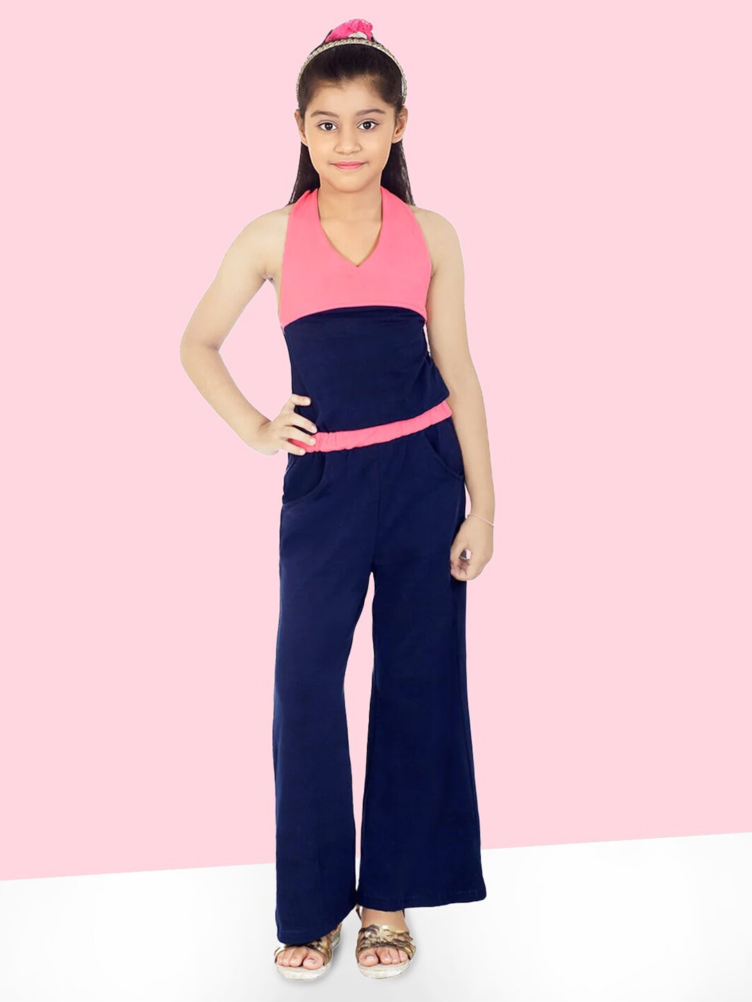 

Naughty Ninos Girls Halter Neck Colourblocked Basic Jumpsuit, Navy blue