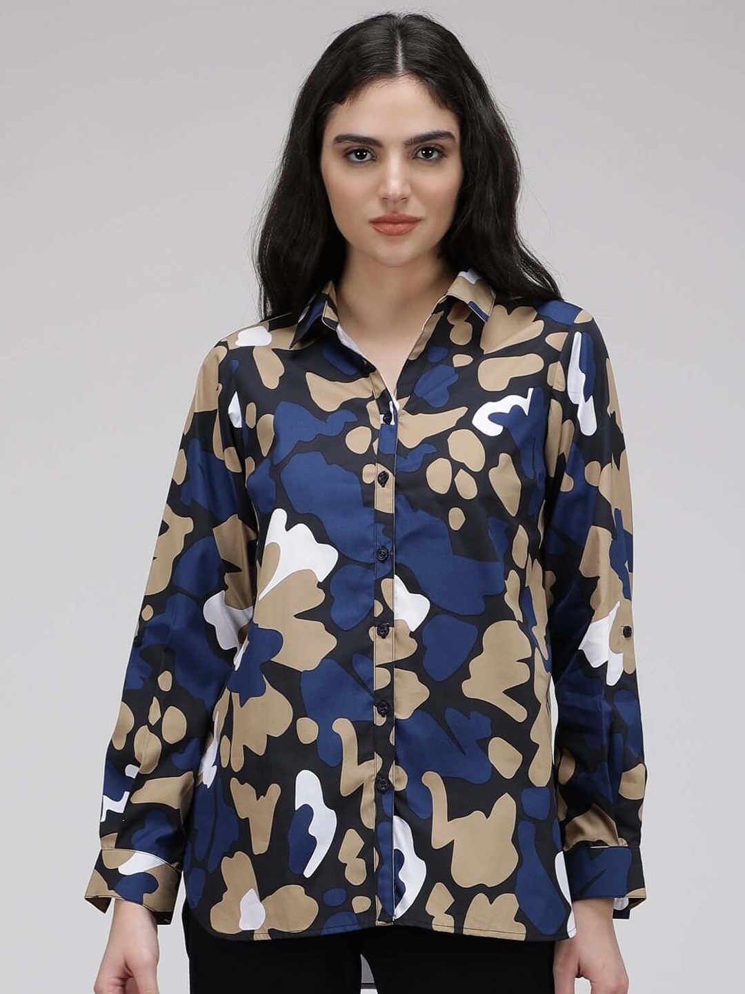 

IDK Blue Abstract Printed Shirt Style Cotton Longline Top