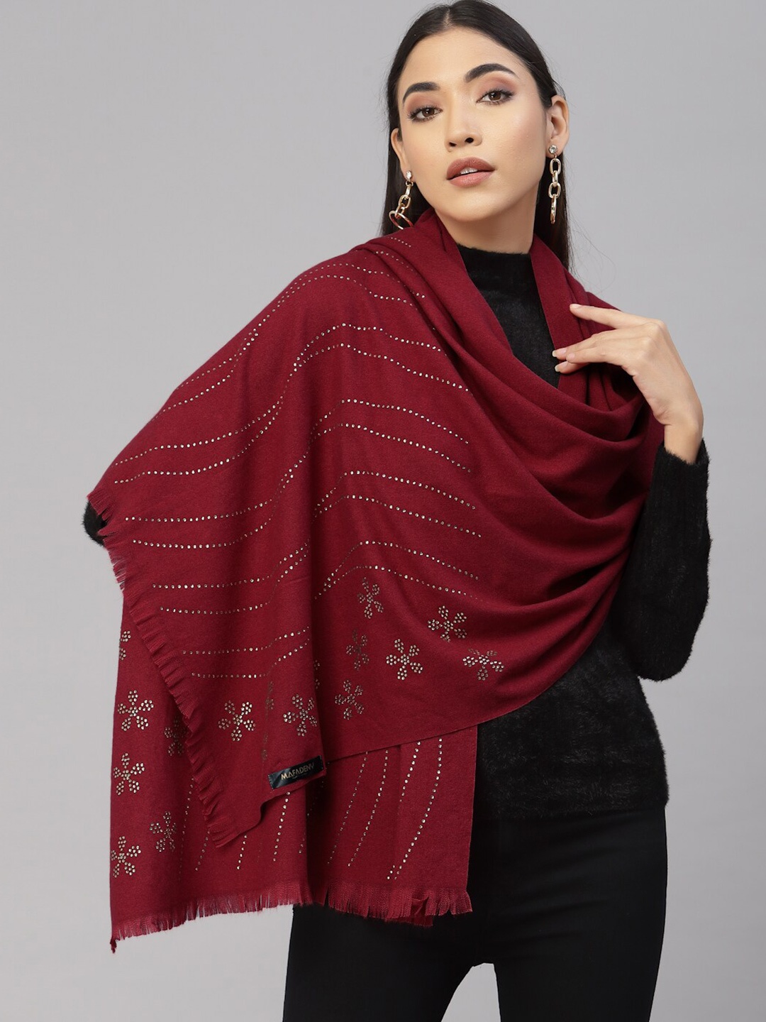 

Mafadeny Embellished Fringed Border Stole, Maroon