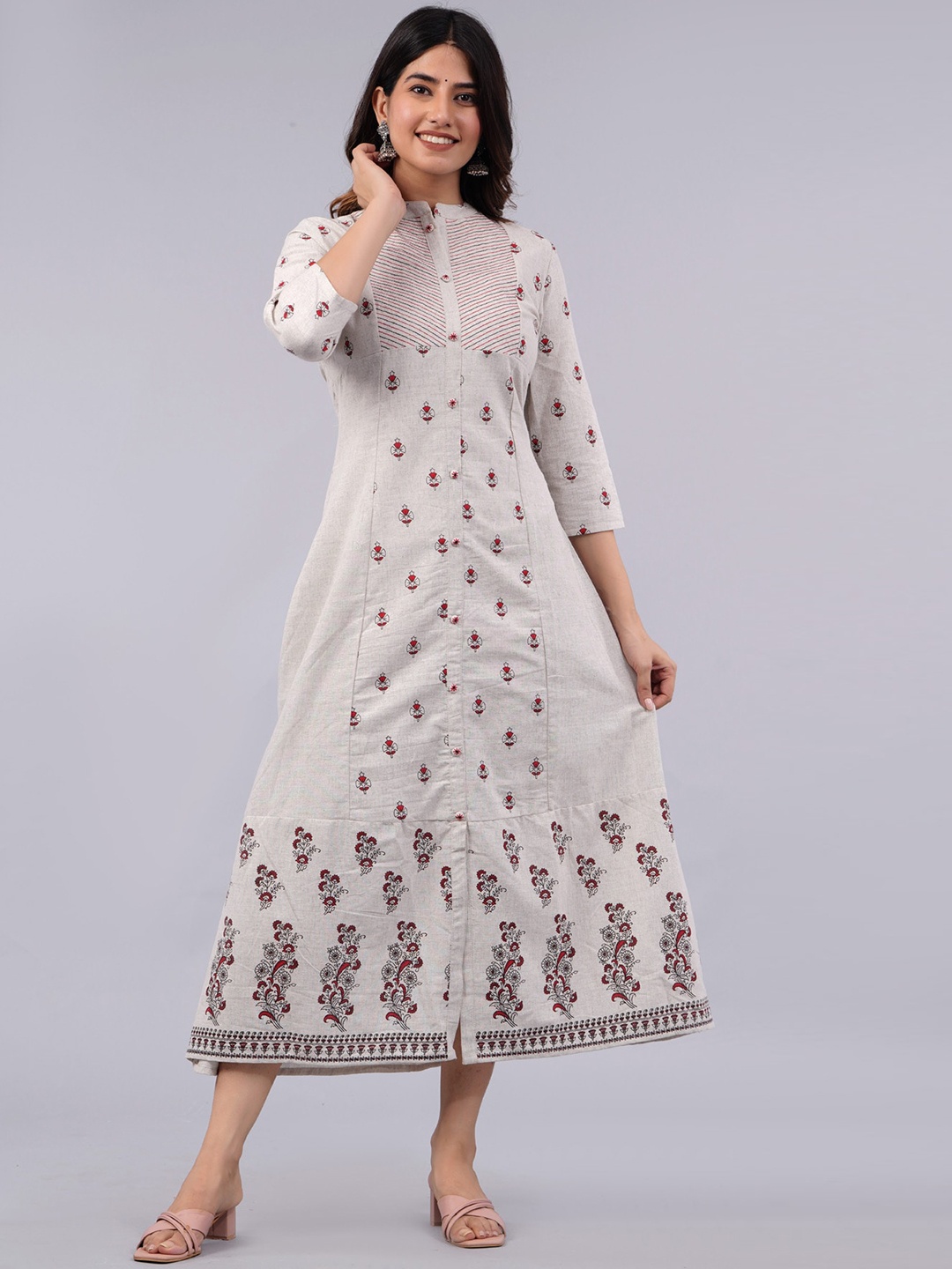 

PREKSHA Floral Printed Mandarin Collar Cotton A-Line Ethnic Dress, Grey