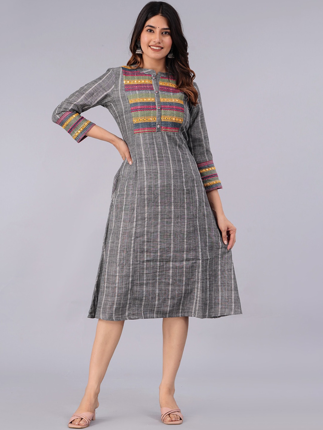 

PREKSHA Striped Band Collar Embroidered A-line Ethnic Dress, Grey