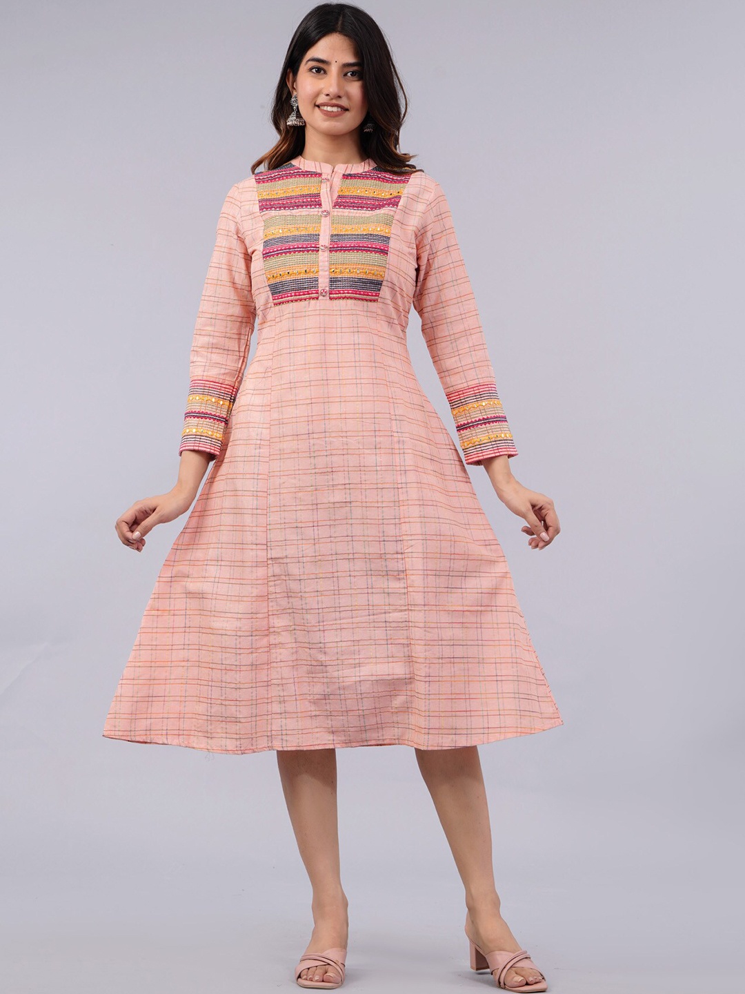 

PREKSHA Striped Printed Mandarin Collar Cotton A-line Ethnic Dress, Pink