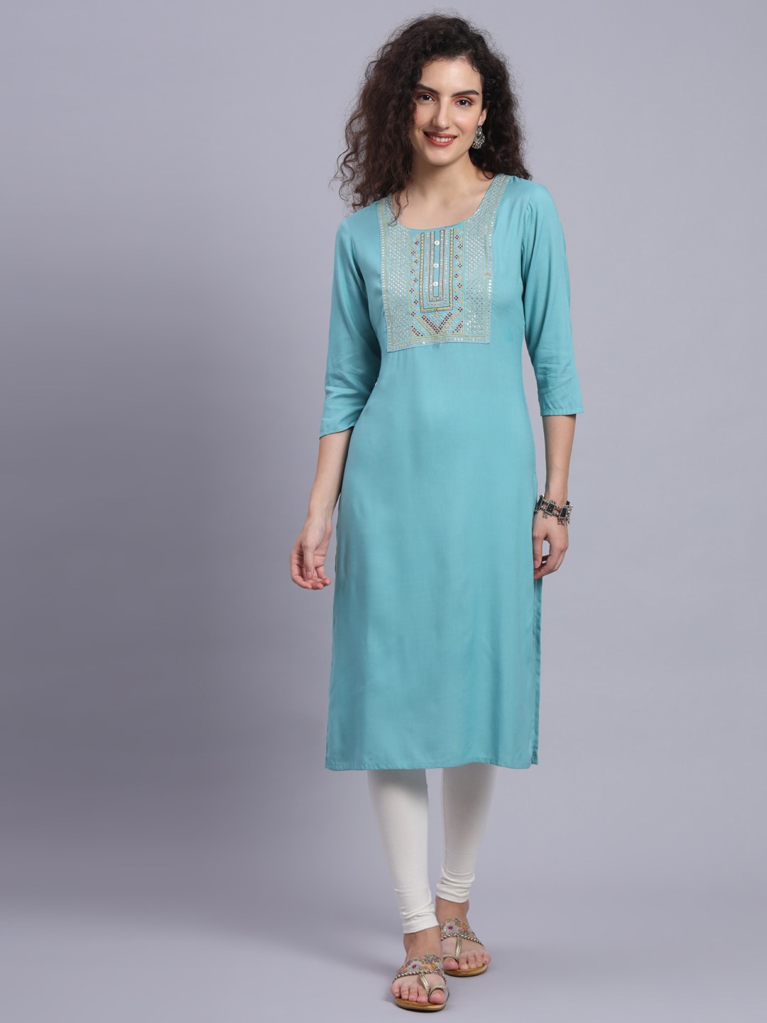 

PREKSHA Yoke Design Flared Sleeves Thread Work Kurta, Blue