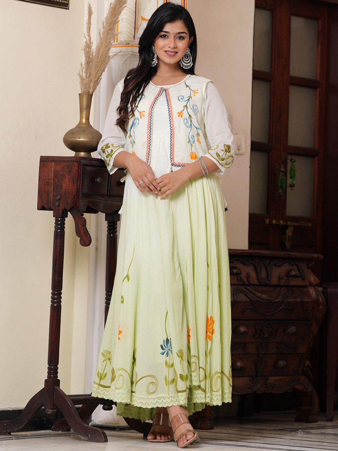 

PREKSHA Floral Printed Sequinned Fit and Flare Maxi Ethnic Dress, Green