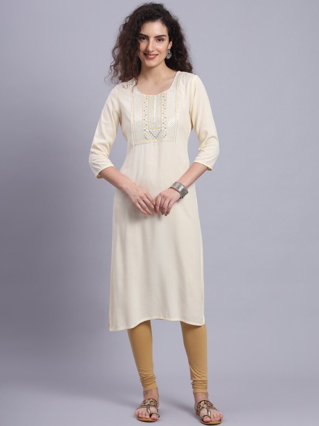 

PREKSHA Yoke Design Thread Work Straight Kurta, White