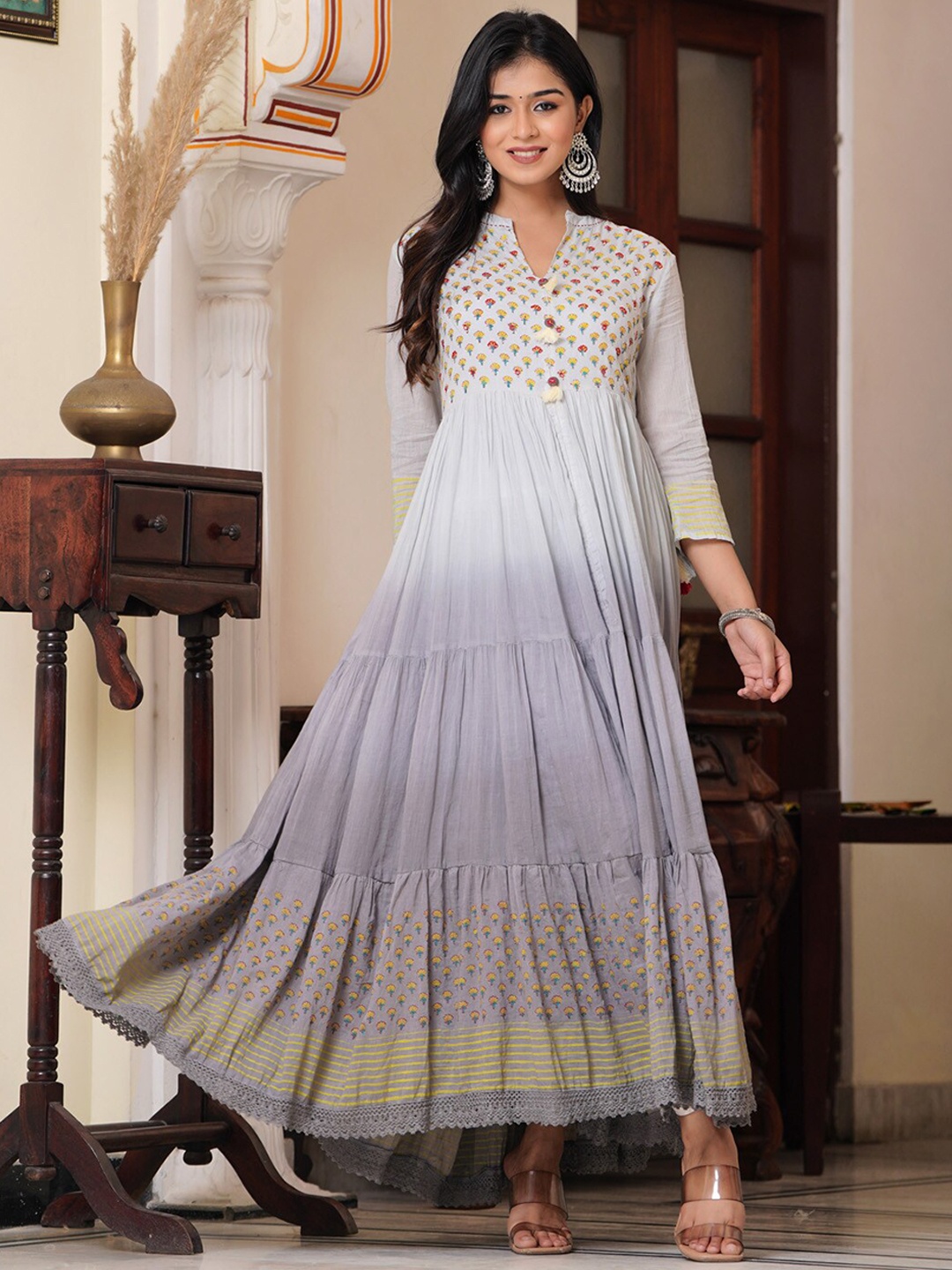 

PREKSHA Floral Printed Mirror Work A-Line Kurta, Grey