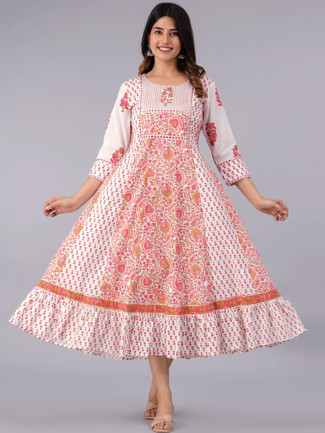 

PREKSHA Ethnic Motifs Printed Cotton Fit And Flare Midi Ethnic Dress, Blue