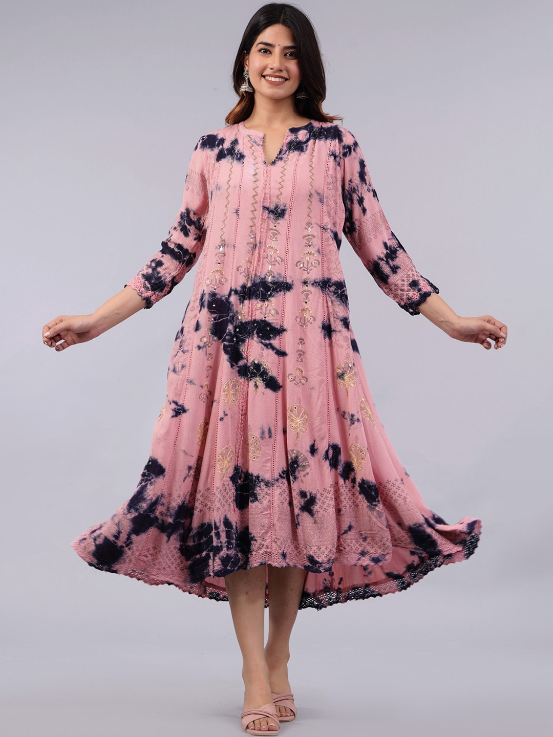 

PREKSHA Tie And Dye Gotta Patti Crepe Fit And Flare Ethnic Dress, Pink