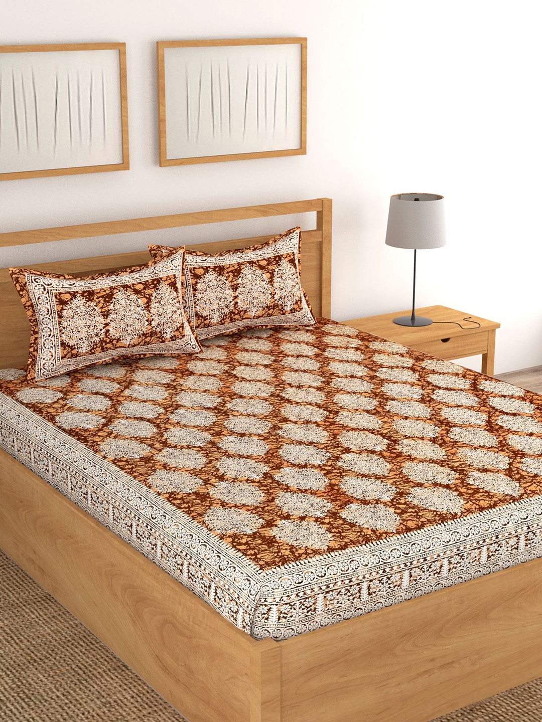 

Lali Prints Jaipuri Brown Printed Cotton 130 TC Queen Bedsheet with 2 Pillow Covers