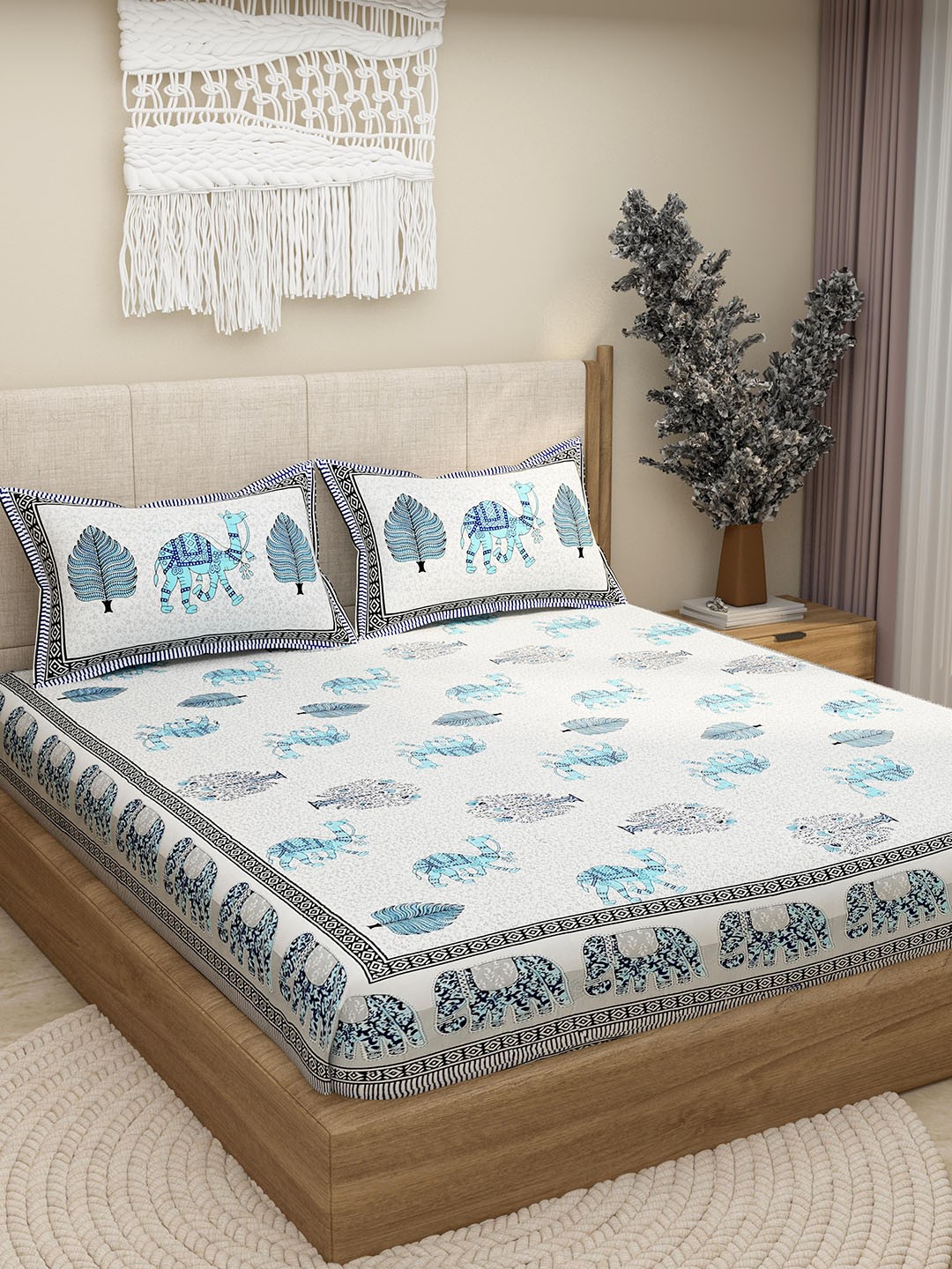

Lali Prints Jaipuri White & Blue Printed Cotton 130 TC Queen Bedsheet with 2 Pillow Covers