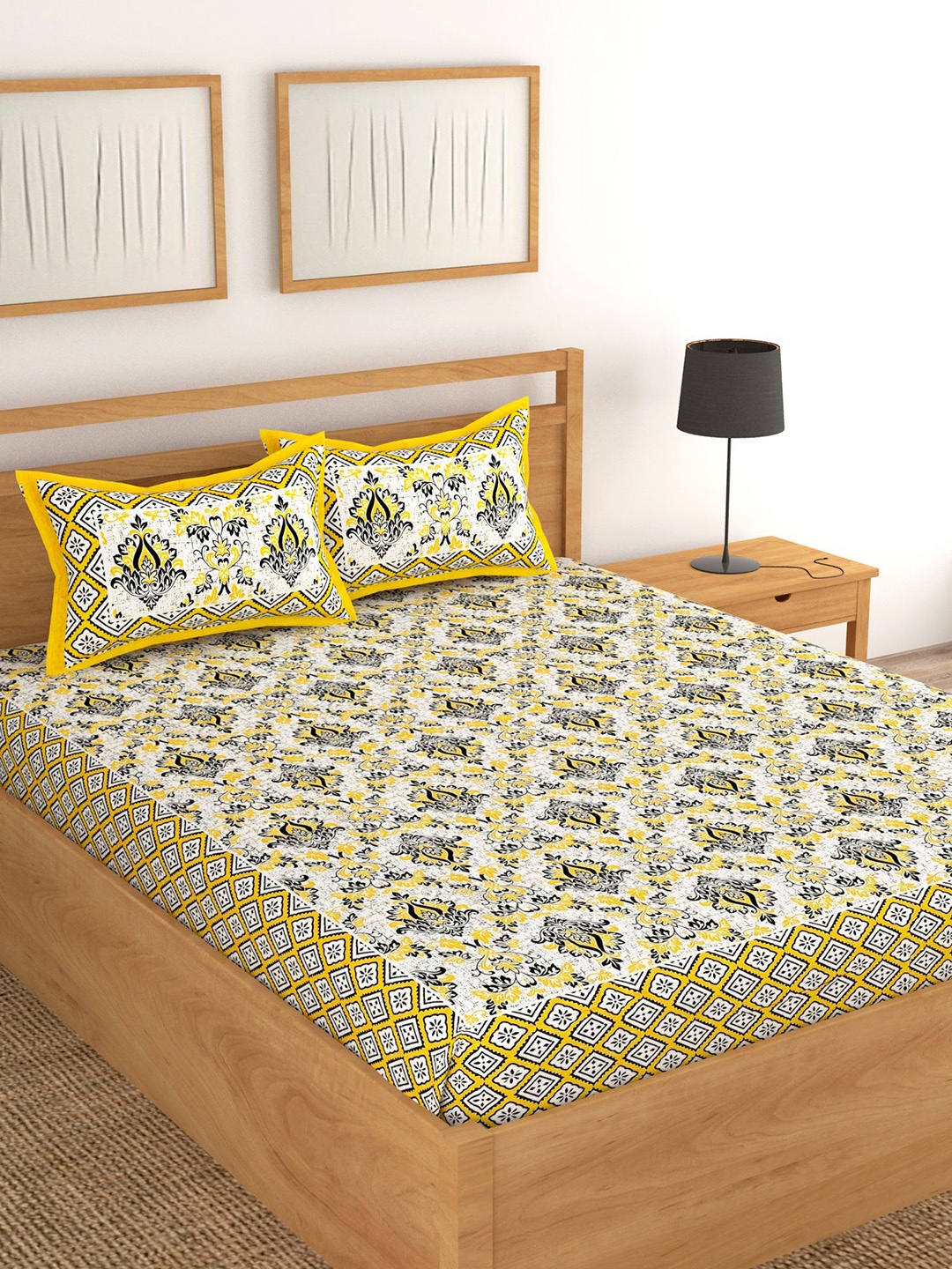 

Lali Prints Jaipuri Yellow & White Floral Cotton 130 TC Queen Bedsheet & 2 Pillow Covers