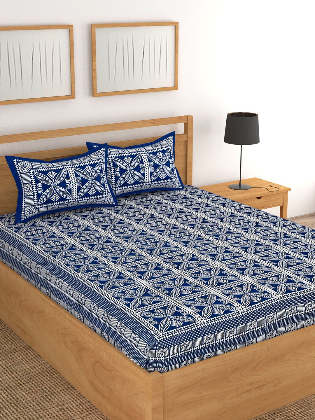 

Lali Prints Jaipuri Blue Ethnic Motifs Cotton 130 TC Queen Bedsheet With 2 Pillow Covers